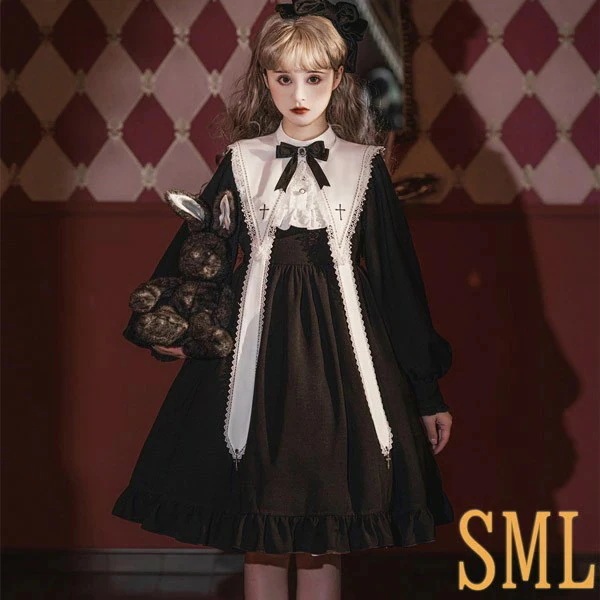 クラロリ ゴシックロリィタ ゴスロリ ロリータ 上下セット メイド服 エプロン コスプレ衣装 ロング ショート ブラウス ハイウエストスカート コスチューム リボン パフスリーブ 長袖 袖付き クリス