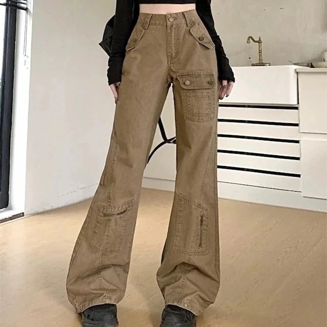パンツ デニム ジーンズ ワイドレッグ ワイド ハイウエスト 脚長効果 美脚効果 細見え 茶色 ブラウン カジュアル 韓国ファッション レディース お出かけ