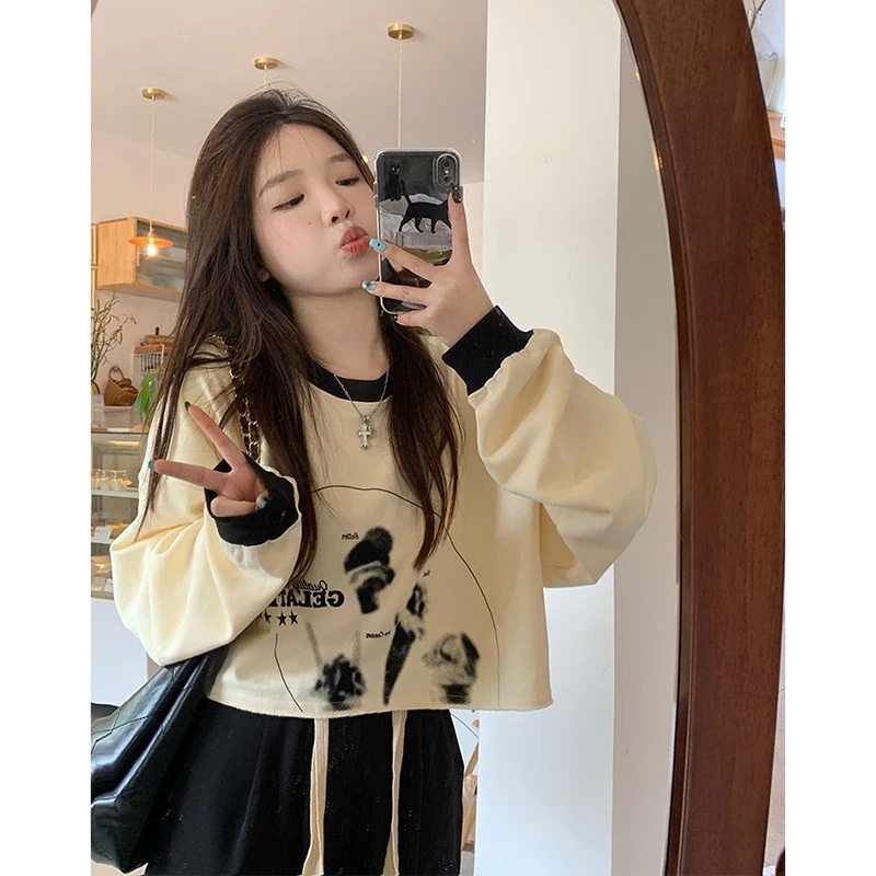 スウィートクールスパイスガールズヒットカラー長袖セーター女性初秋2023しい短いセクション緩い薄いセクションプルオーバートップ