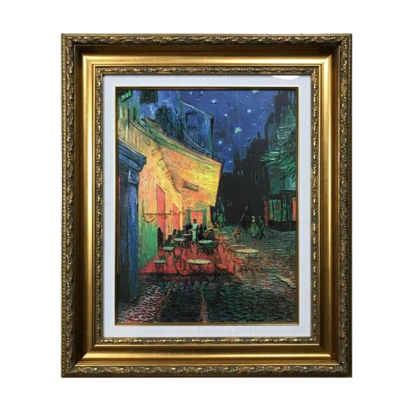 名画 額入り フィンセント・ファン・ゴッホ 油絵風 アートパネル F6号 立体加工 アンティーク額装 壁掛け インテリア 高級 夜のカフェテラス 495x590mm