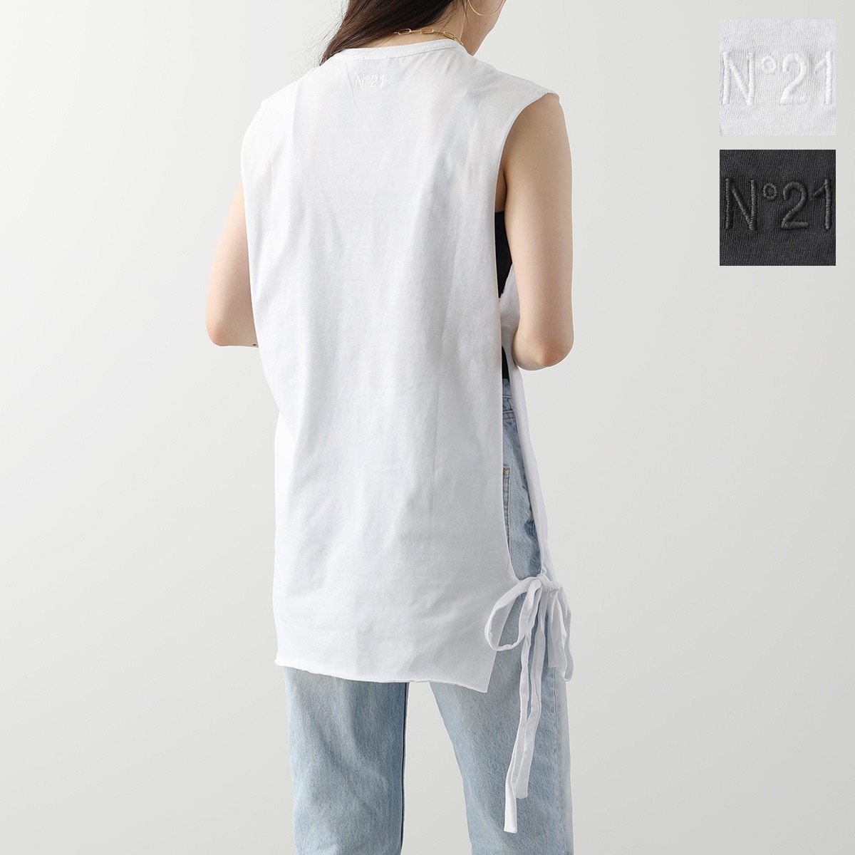 N21 ヌメロヴェントゥーノ トップス N1M0 F081 4157 レディース ノースリーブ Tシャツ レイヤード カットソー サイドリボン ロゴ刺繍 カラー