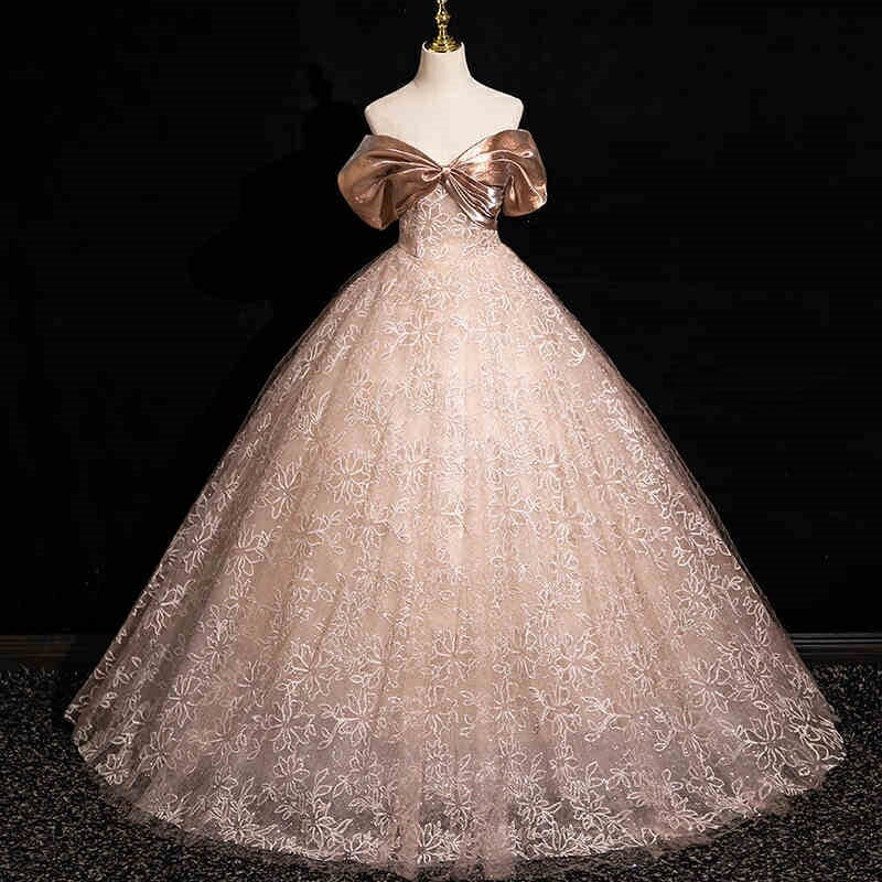 カラードレス ロングドレス パーティードレス ベージュ ゴールド 花柄 チュール 光沢 半袖 ウェディングドレス ウエディングドレス 結婚式 二次会 花嫁 前撮り 演奏会 発表会 オフショルダー 披露