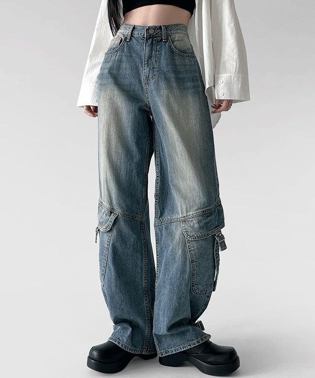 レゴ ヴィンテージ ウォッシング アンダー カーゴ ポケット ベルト ワイド ストレートフィット デニム パンツ 4,936円