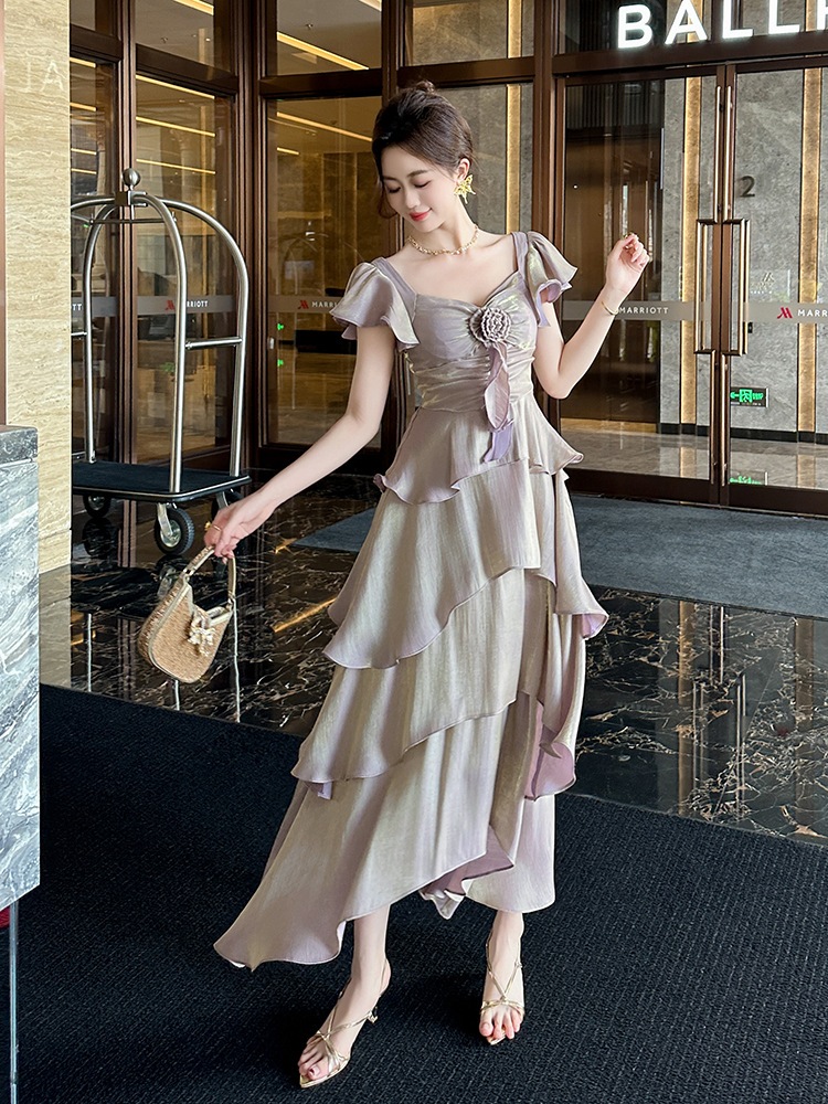 【JY.上品】 2024夏新品 フリルワンピース スクエア襟 ロング ドレス パーティー キャバ 大人 同窓会 披露宴 卒業式 結婚式 演奏会 ウェディング 二次会 メガ割