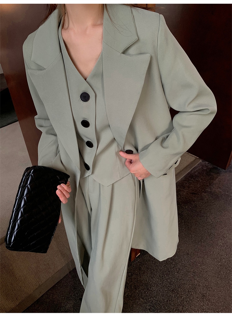 通勤する セットアップ 袖なし 3点セット ロングセクション スラックス 女性 ベスト スーツ 秋 上品映え 単体ボタン シンプル ゆったりする ワイドパンツ ロングパンツ