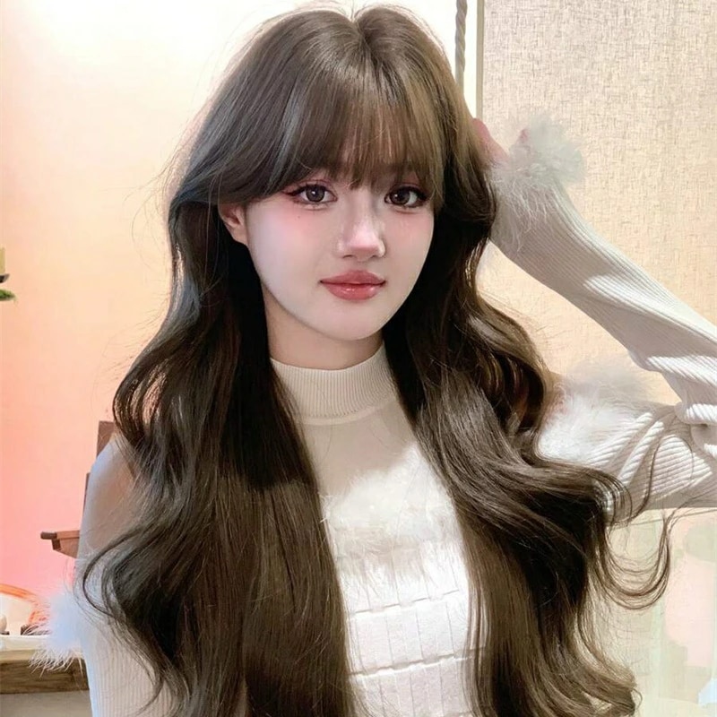 耐熱合成 ウェーブウィッグ 30インチ長 前髪付き ブラウン繊維製日常使用に適し自然で現実的な人工毛(アクセサリー除く)