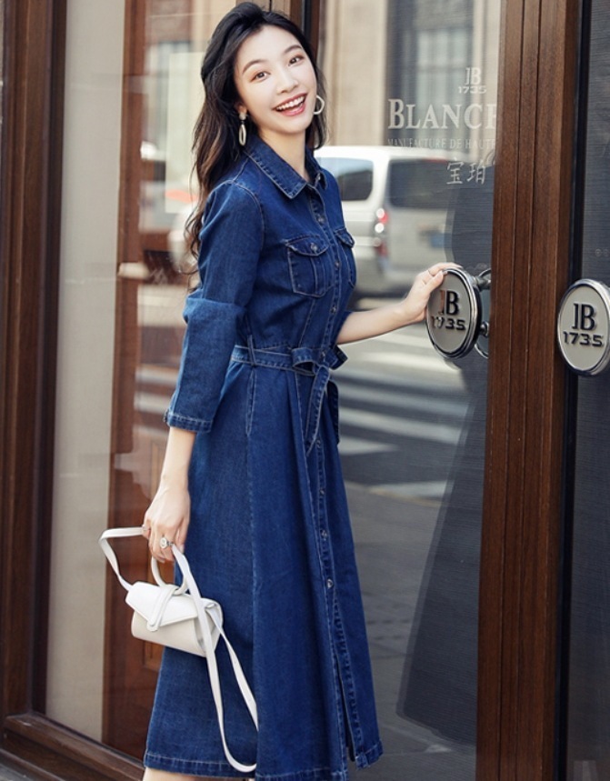 ワンピース デート モテアイテム フレアワンピース デニムワンピース ロング丈 長袖 切り替えデザイン 綿 デニム 可愛い きれいめ 上品 おしゃれ かっこいい 可愛い ラブリー キュート