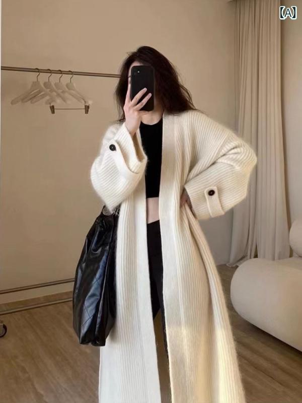 ニット レディース カーディガン おしゃれ カジュアル 大きめサイズ 韓国 ロング セーター 秋冬 ホワイト ブラウン 黒