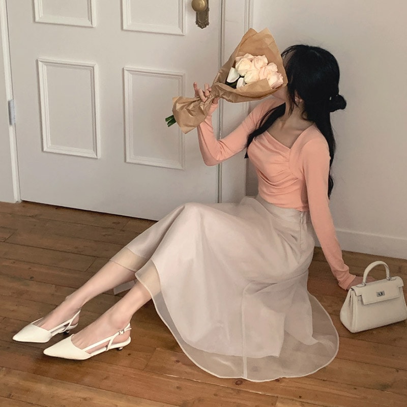 [tsk0578] 韓国ファッションオーガンザフレアロングスカート