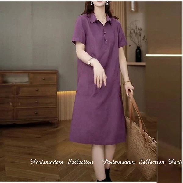 営业促进 パープルワンピース　ひざ下丈　襟付き　半袖　コットン　ストレートライン　後ろタック　細く見える通勤通学20代30代40代50代60代　女子会