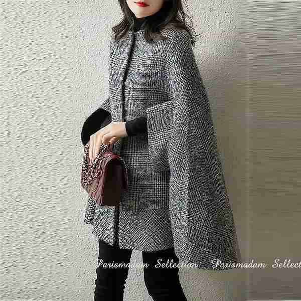 激安セールグレンチェックマント　ポンチョ　大人スタイル　チェック　ケープコート 大きいサイズ有りＳから３Ｌほっそり効果大通勤通学20代30代40代50代60代jk-2311-4