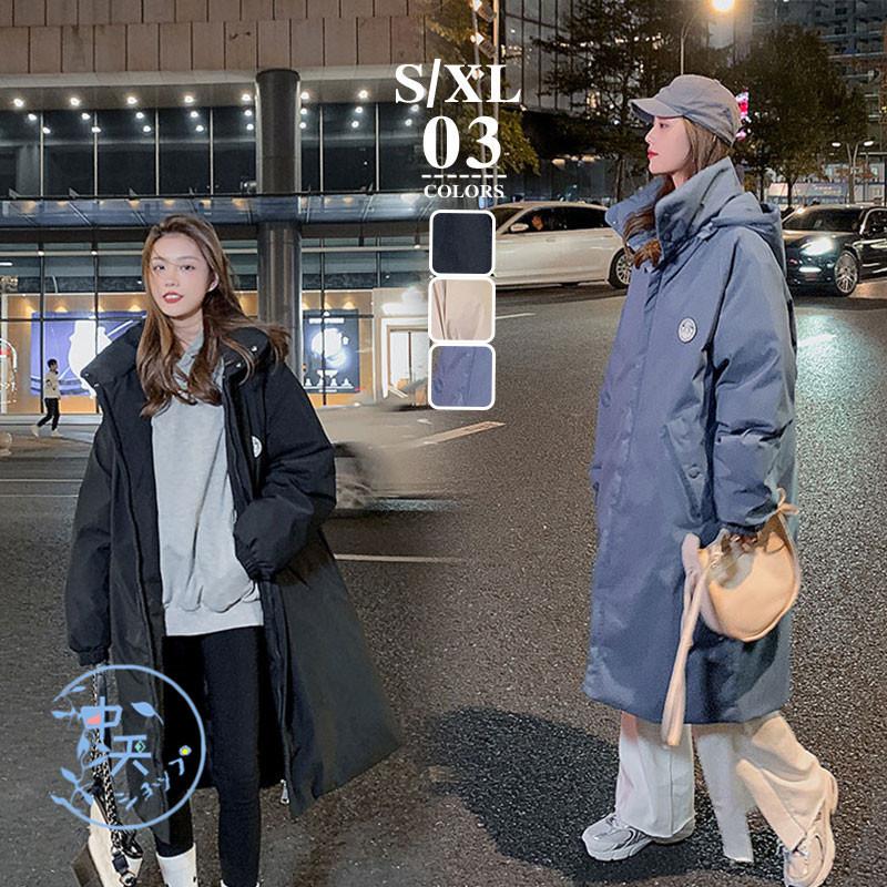 ロング丈ダウンコート ダウンジャケット レディース 長袖ダウンコート 冬服 アウター フード付き 20代~40代 暖かい ゆったり 大きいサイズ カジュアル黒/L