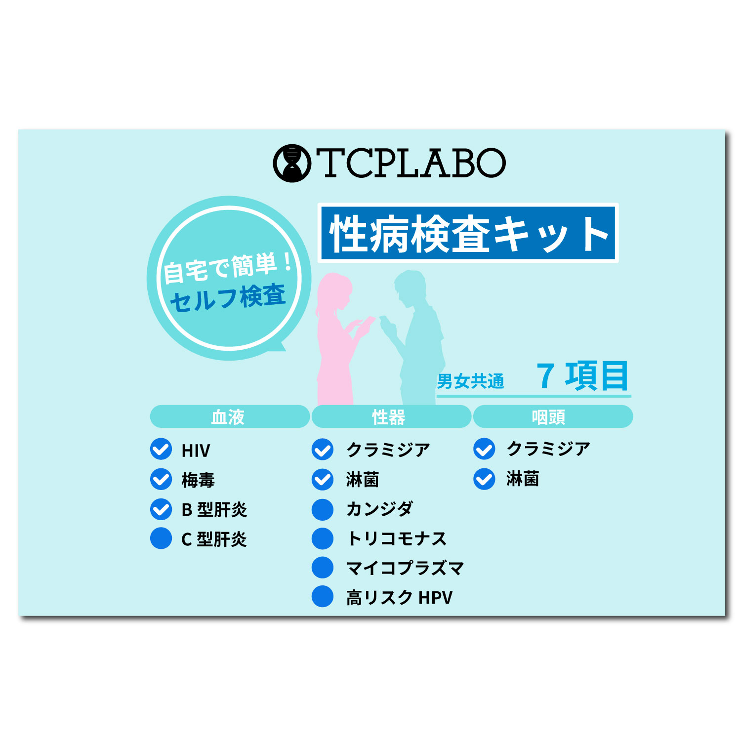 性病検査キット 7項目 HIV 梅毒 B型肝炎 性器クラミジア 淋病 咽頭クラミジア 咽頭淋病 男女共通 血液検査 尿検査 うがい検査