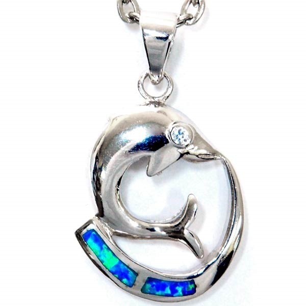 ハワイアンジュエリー ペンダント ネックレス ドルフィン イルカ スクロール 波 オパール クリアジルコニア レディース シルバー925 ブルー/ホワイト