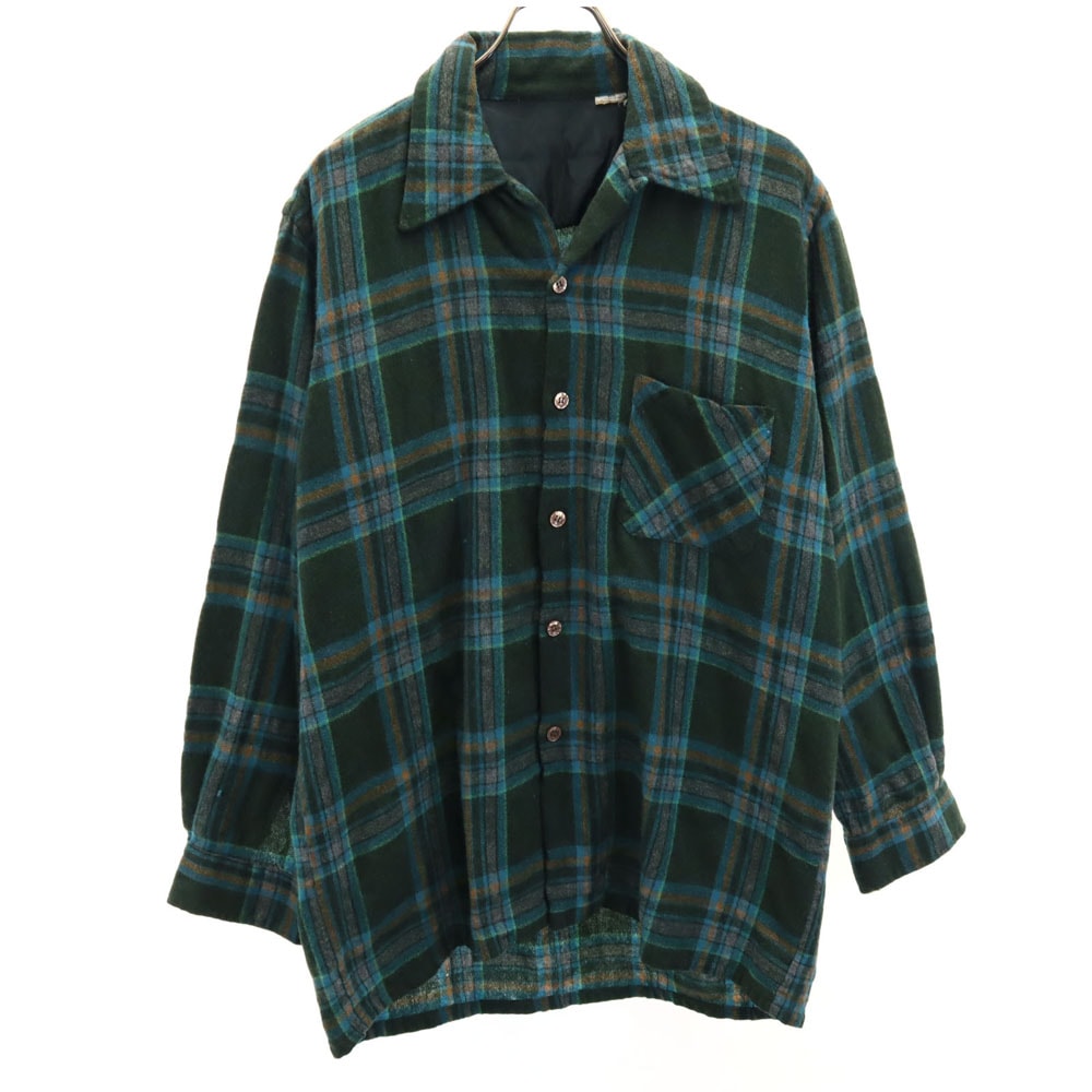 ヴィンテージ 70s ウールブレンド チェック柄 長袖 オープンカラーシャツ グリーン系 VINTAGE メンズ