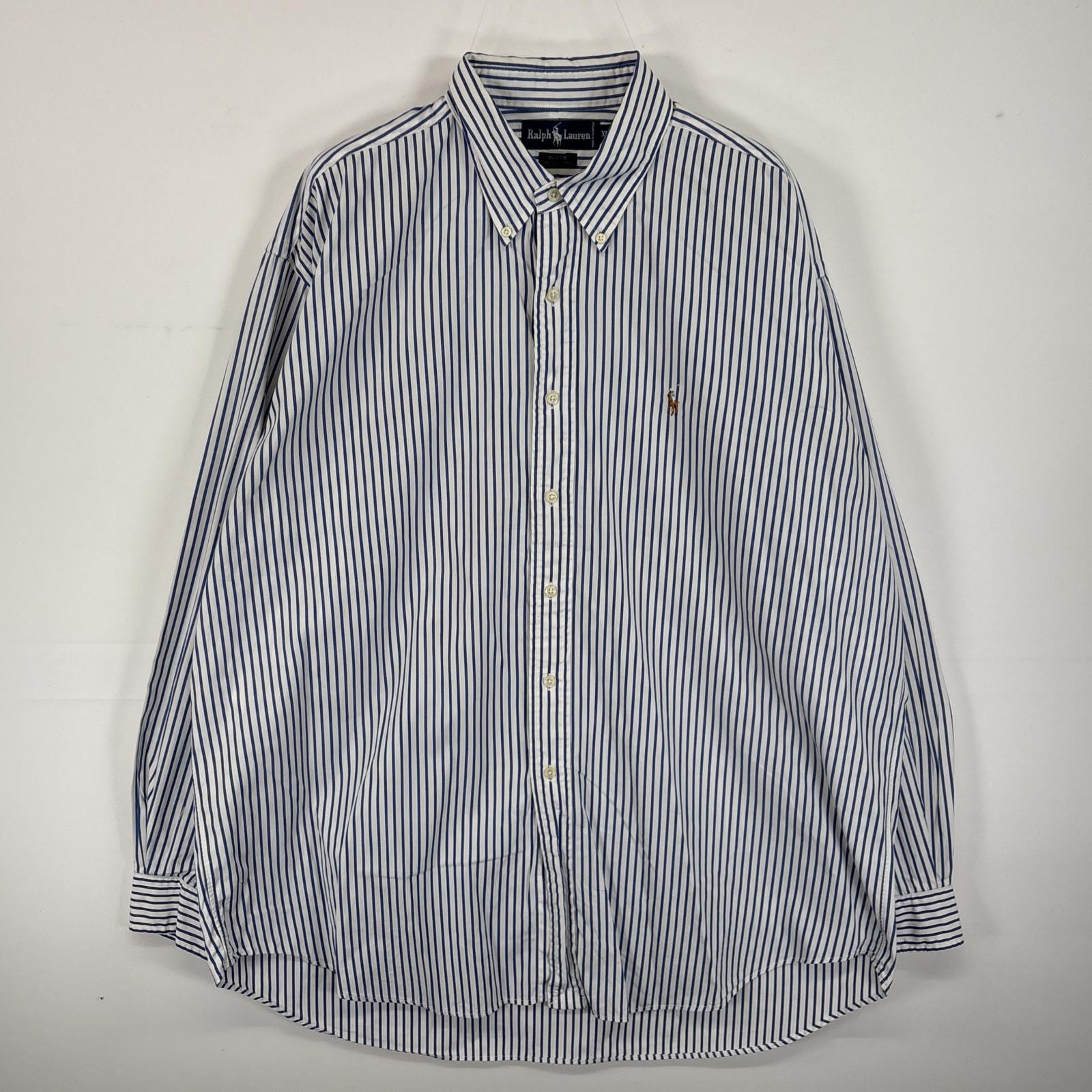 古着 長袖シャツ ボタンダウンシャツ ワンポイント ロゴ 刺繍 大きいサイズ XL ホワイト系 ストライプ メンズ 5,500円