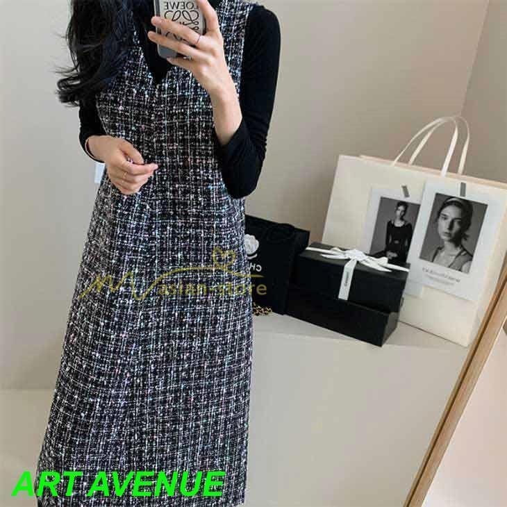 ワンピース ノースリーブ Vネック ミモレ丈 ツイードワンピース スリット キラキラ 美ライン 女シルエット フェミニン エレガント 秋冬 レディース 秋物
