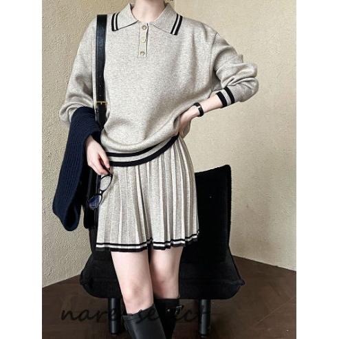 学院風ポロネックパーカー+ハイウエストプリーツのミニスカートスーツ 女子 可愛い