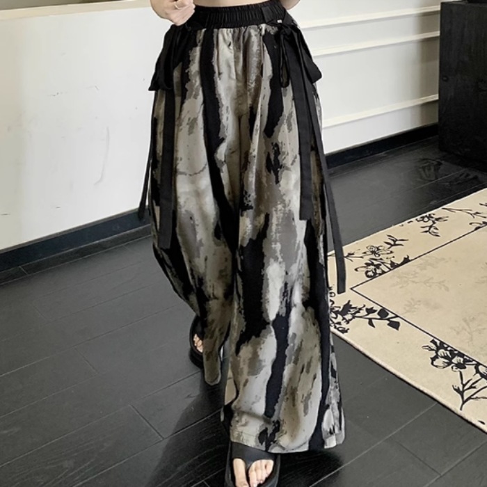 レディース パンツ ボトムス ロングパンツ ワイドパンツ ロング 丈長 ワイド リボン ハイウエスト 伸縮性 異国風 薄手 かわいい 大人可愛い きれいめ シンプル カジュアル 上品 おしゃれ