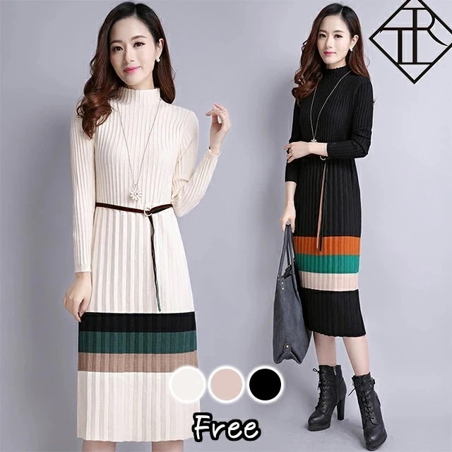 【即納】ワンピース レディース ニットワンピース 秋冬 ロングワンピース 長袖 秋 ニット ワンピース 大きいサイズ ワンピース ひざ丈 プリーツ 大人可愛い 綺麗 美脚効