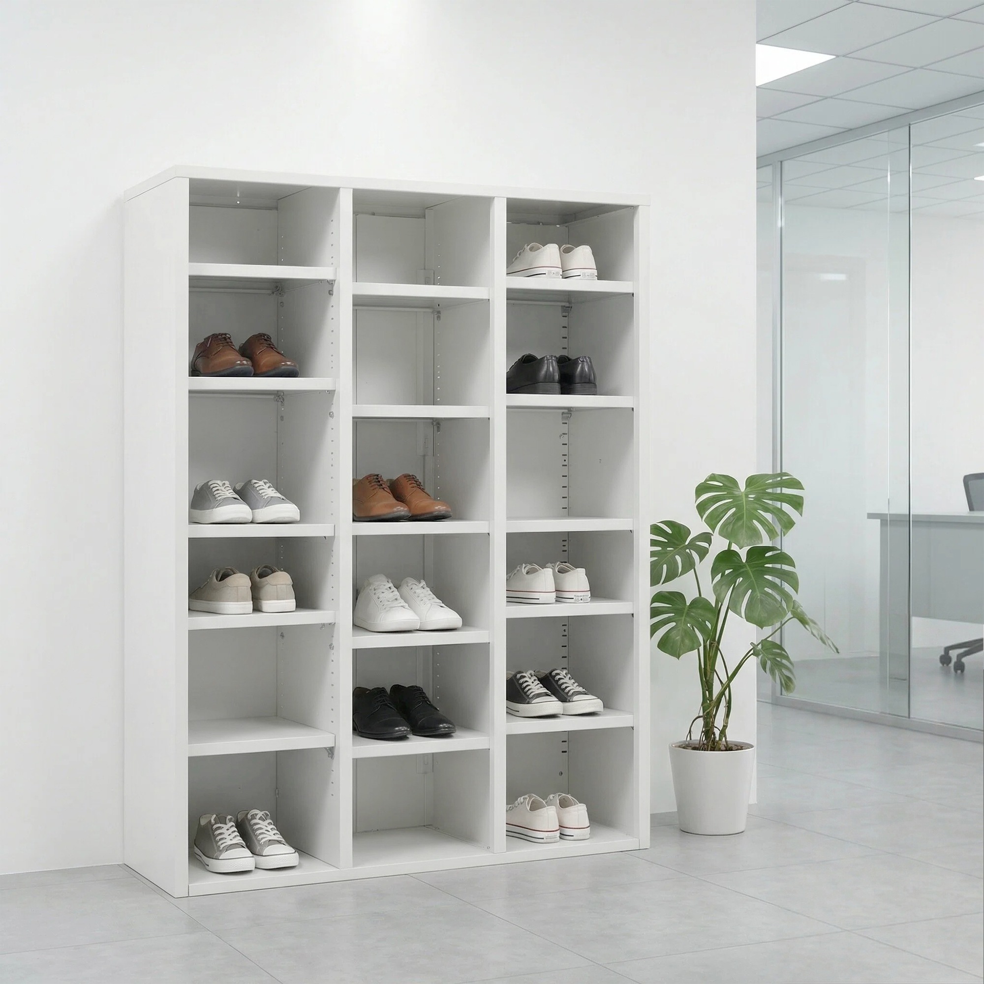 シューズラック スチール製 3列6段 18足収納可能 可動棚 幅90cm*奥行35cm*高さ119cm 簡単組立 転倒防止 頑丈 靴箱 下駄箱 靴入れ オフィス収納 業務用 事務所/会社/店舗/病院