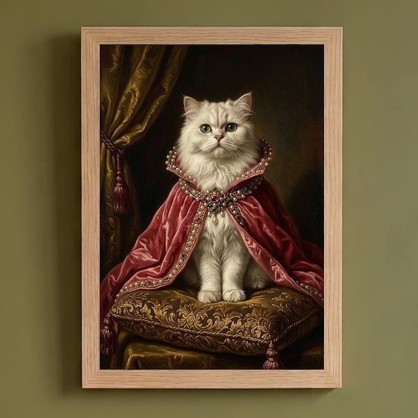 猫（ペルシャ猫）のルネサンス風肖像画 油絵風アートA4額装インテリア壁掛け