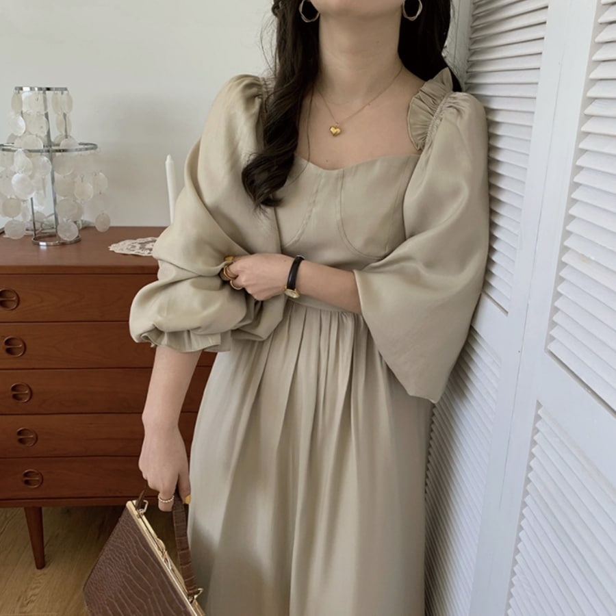 韓国ファッション韓国ワンピースロング ふんわり 夏 バックリボン スクエアネック ワンピース ロング