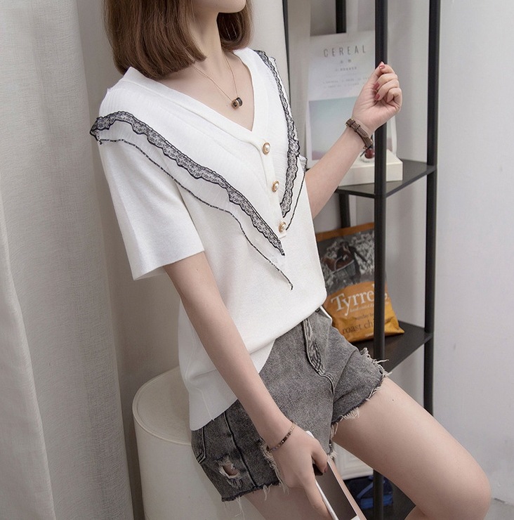 半袖ニット トップス ニットソー セーター 袖あり 半袖 Vネック レース フリル かわいい 大人可愛い きれいめ シンプル カジュアル 大人 上品 おしゃれ お洒落 大人可愛い 大人女子 こなれ感