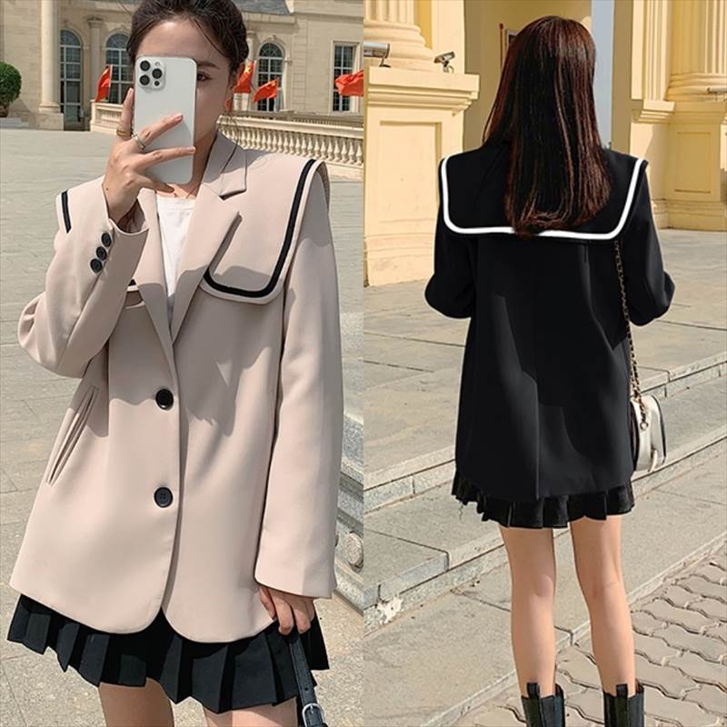 限定カラージャケット レディース ビッグカラー 制服風 アウター 上着 スーツ おしゃれ 大人かわいい ミドル丈 ベージュ黒 ブラック 長袖 S M L XL セーラー服風 可愛い かっこいい 個性的