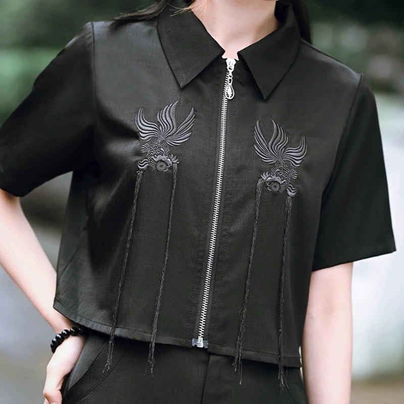 チャイナ風シャツ レディース ジッパー 半袖 刺繍トップス ショート丈 ブラウス オリジナル 金魚刺繡 黒/白 モダン フリンジ
