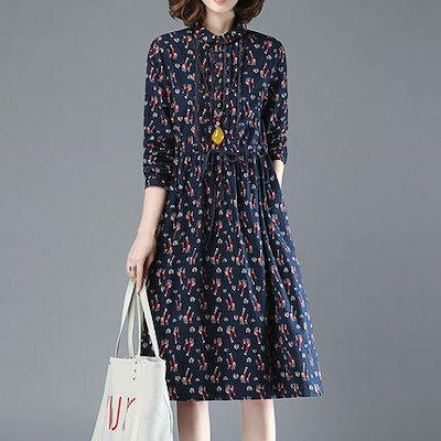 ワンピース コットン ひざ丈 長袖 花柄 Aライン レトロ ガーリー 春秋 お出かけ
