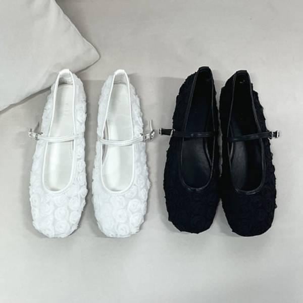 女性ローズ立体刺繍メリージェーンフラットシューズ2色
