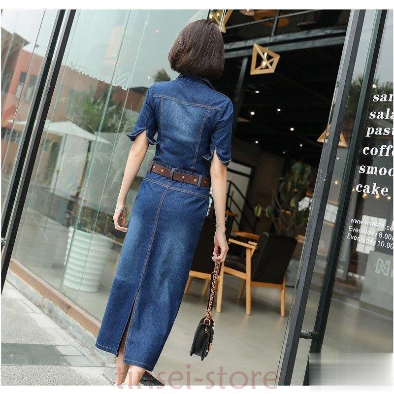デニムワンピース マキシ丈 夏 五分袖 ロングワンピース スリット 無地 ベルト付き 上品 大人 通勤 20代30代40代
