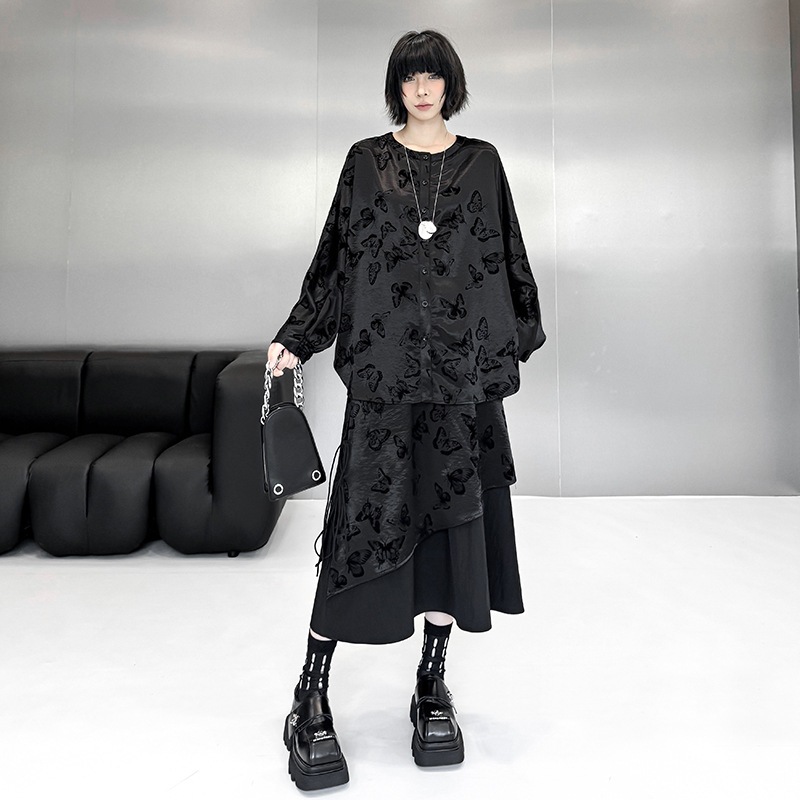 【J.Fashion】 上下セット 蝶柄 おしゃれ 長袖ブラウス スカートセット レディース セットアップ 関連商品購入可能 メガ割