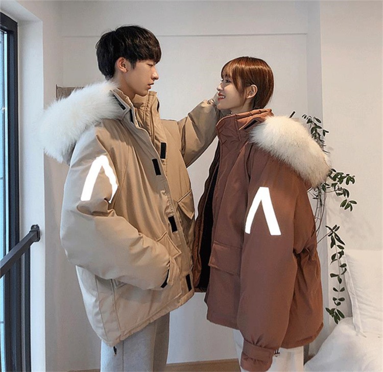 韓国ファッション 秋冬 タイドブランド 反射ストリップゆったりする綿の服 毛皮の襟 カップル コート