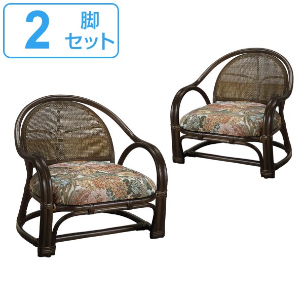 籐 アームチェアー ロータイプ 2脚組 座面高25cm 椅子 ラタンチェア ラタン製 パーソナルチェア 籐製座椅子 チェア リビングチェア 和モダン 和 アジアン 肘掛け付き クッション