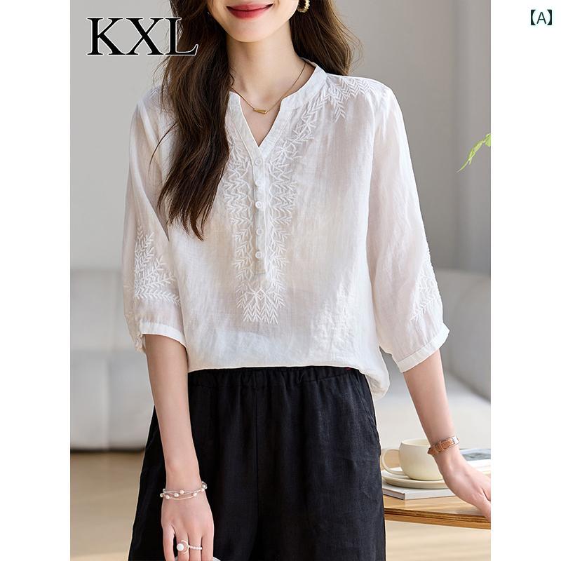 トップス レディース おしゃれ 上品 通勤 オフィス カジュアル 夏 七分袖 シャツ 体型カバー 白 シャツ