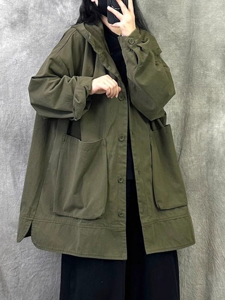 コットン製フード付きベーシックウィンドブレーカージャケット女性用春物小柄な方向けの大きいサイズワークコート