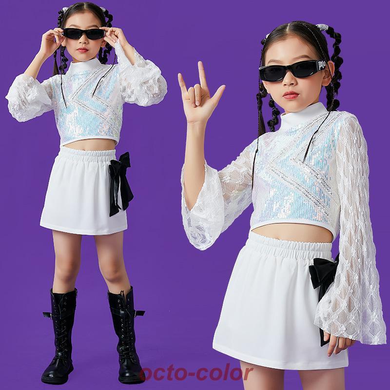 キッズ ダンス衣装 ヒップホップ セットアップ HIPHOP チェック柄 長袖 ホワイトトップススカート 女の子 ジャズダンス 練習着 応援団 派手