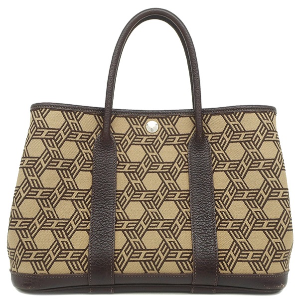 エルメス HERMES トートバッグ ガーデンパーティーTPM トワルソーアッシュ ブッフルスキッパー エベンヌ シルバー金具 茶 K刻印【中古】