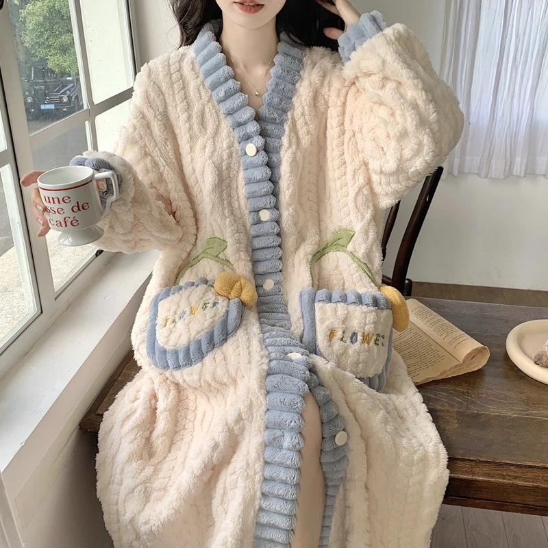 着ぐるみパジャマ女性冬のローブ中わた入り厚手中長カーディガンホームウェアスリープスカート