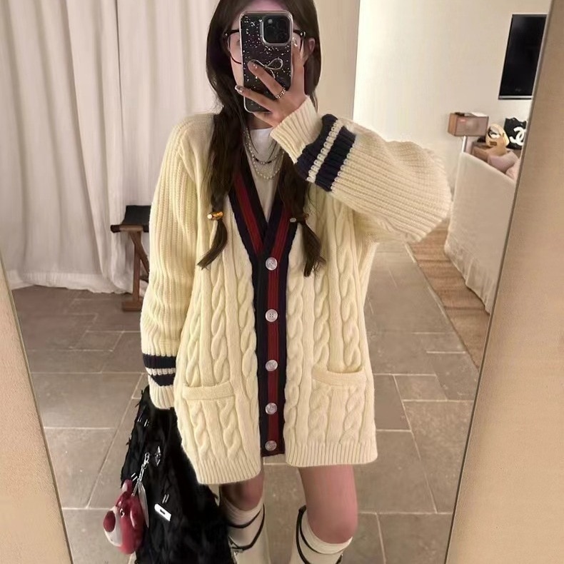 大きいサイズ ヨーロピアンステーション ファッション セーター レディース 秋冬 新ひねり コントラストカラー Vネック ニット カーディガン