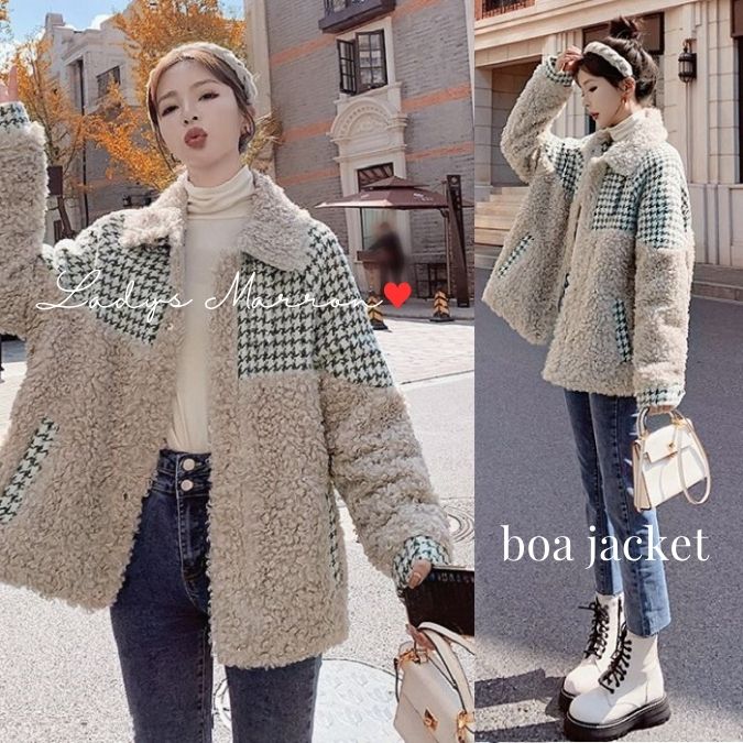 【急速出荷 2025年新作】ボアジャケット ボアブルゾン レディース ボアアウター ボアコート モコモコジャケット アウター ブルゾン 韓国 もこもこ ふわふわ ふわもこ チェック柄 千鳥格子 秋 冬