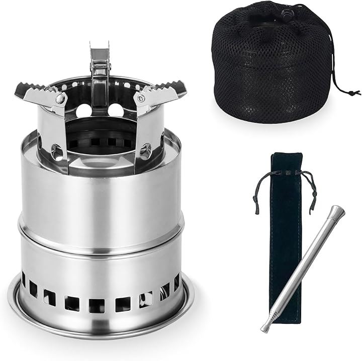 ソロストーブ ウッドストーブ キャンプ 二次燃焼 五徳 コンパクト 焚き火台 火起こし 受け皿 収納袋付き(高脚モデル+火吹き棒)