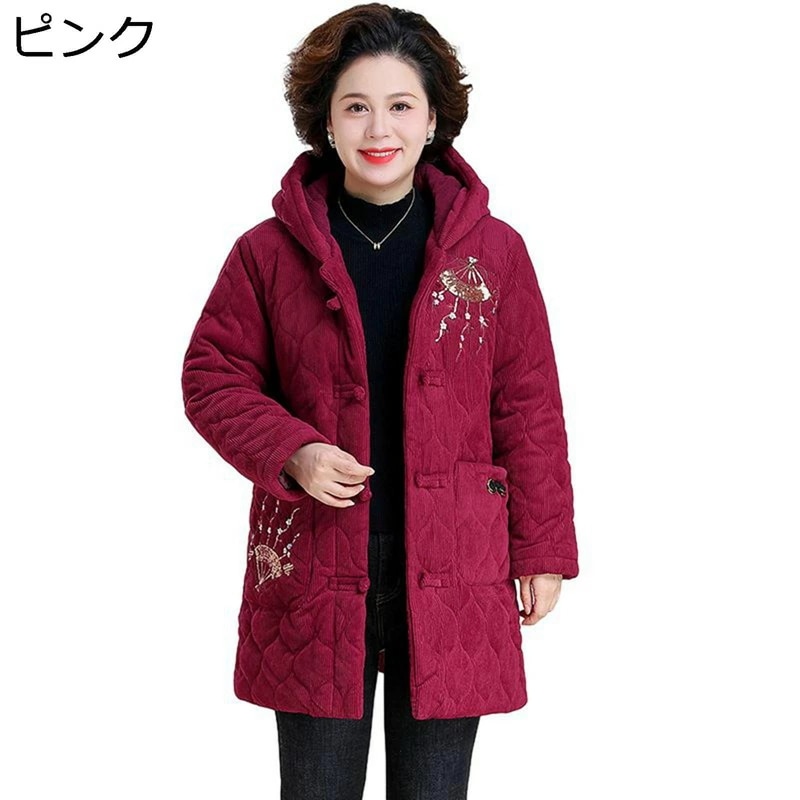 レディースパファージャケット コットンジャケット レディース 刺繍デザイン 花 花柄 中綿 綿入れジャケット 長袖 綿服 上着 トップス 厚手 柔軟 耐久性 婦人 シニア 秋冬 高齢者 老人 50-7