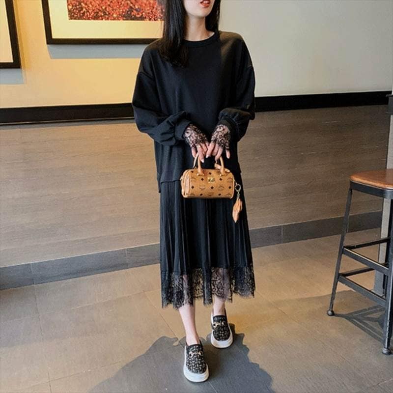 【急速出荷!】今だけ！ドッキング ワンピース レディース ミモレ丈 ロング丈 黒 長袖 ラウンドネック レース プリーツ スカート 春 秋 ボトムス ルーズ 大人可愛い きれいめ シンプル カジュアル 6,287円