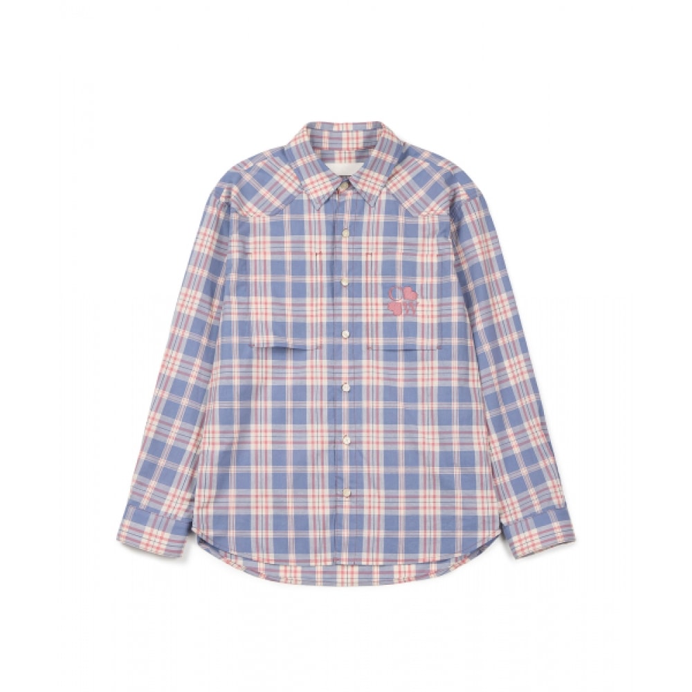 CHOWOO エンブロイダリー チェック シャツ-ブルー