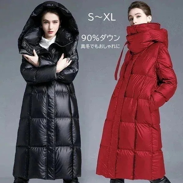ダウンコート ベンチコート レディース フード付き 90%ダウン 真冬でもおしゃれに ミモレ丈 黒 赤 柔らかい 暖かい 軽量 大きいサイズ ダウンジャケット 無地 シンプル レディ アウター ダウン