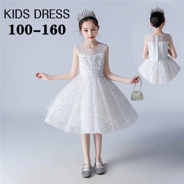 キッズドレス ピアノ 発表会 結婚式 ドレス ミモレ丈 子供ドレス ワンピース ノースリーブ 袖なし ラウンドネック 透け感 キラキラ ホワイト チュール 女の子 子供 フォーマル フレア パーティー