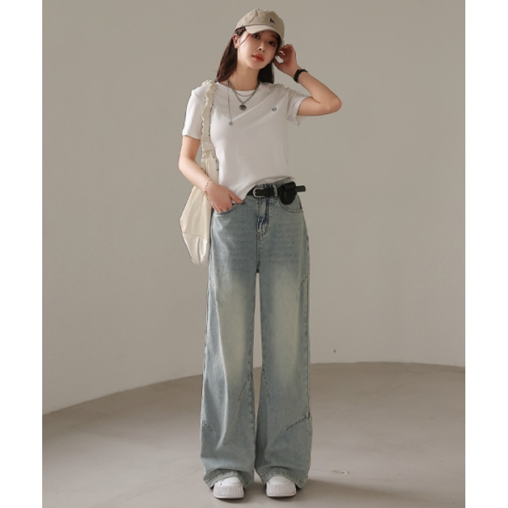 フレンチシックアンナシルバースタッドワイドデニムパンツ